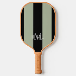 Raquette De Pickleball Moderne Monogramme Noir   Rayure Vert Sauge