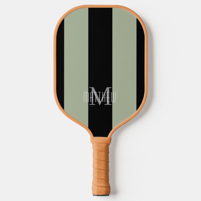 Raquette De Pickleball Moderne Monogramme Noir | Rayure Vert Sauge (Recto)