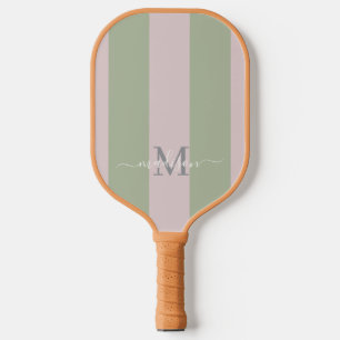 Raquette De Pickleball Moderne Monogramme Rose Poussiéreux Rayure Vert
