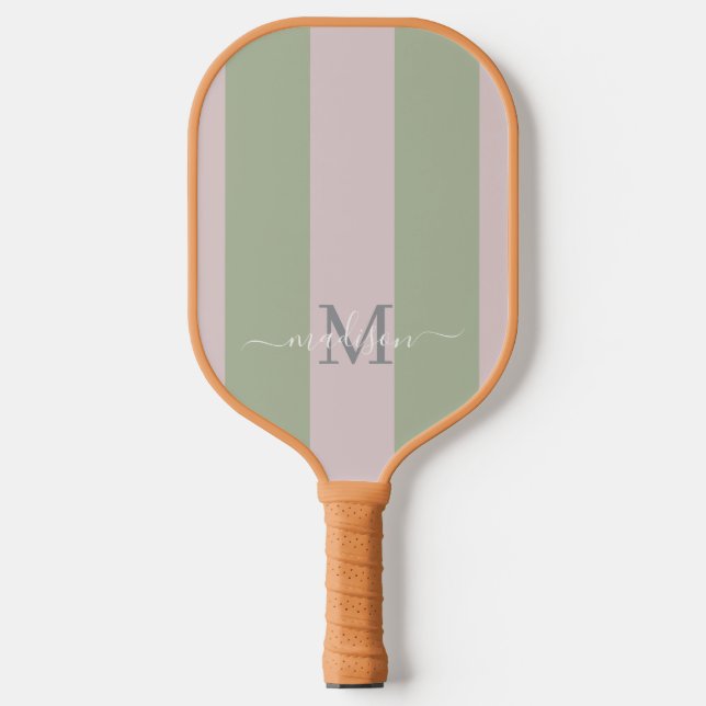 Raquette De Pickleball Moderne Monogramme Rose Poussiéreux | Rayure Vert  (Recto)
