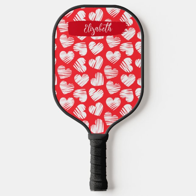 Raquette De Pickleball Moderne Rouge et Blanc Doodled Heart Valentine Nom (Recto)