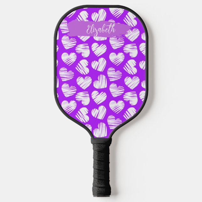 Raquette De Pickleball Moderne violet blanc Doodé Coeur Valentine Nom (Recto)