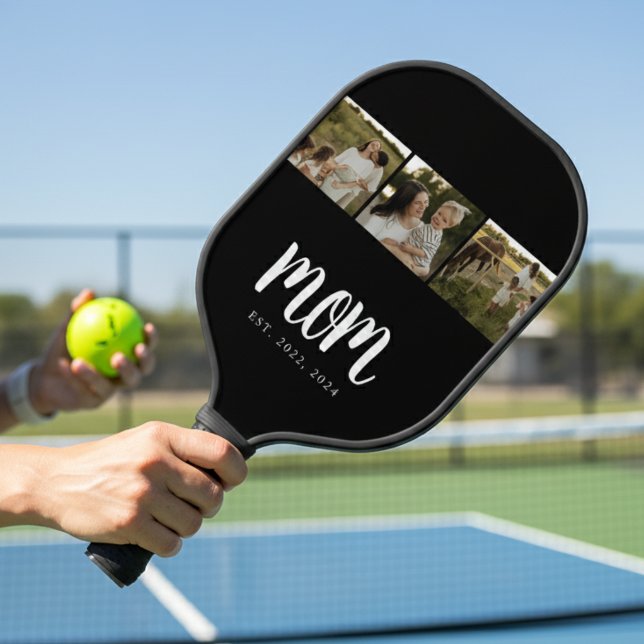 Raquette De Pickleball Mom Established Modern Bold Script Black 3 Photo (modern 3 photo black and white script mom established pickleball paddle mother's day gift for mom)