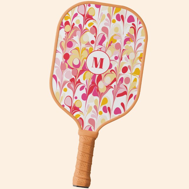 Raquette De Pickleball Monogram Abstract Pattern Pink (Retro marble pink pattern monogram initial personalized pickleball paddle)