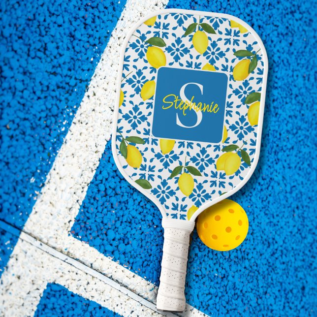 Raquette De Pickleball Monogram Name Blue French Tile Lemon Pattern  (Créateur téléchargé)