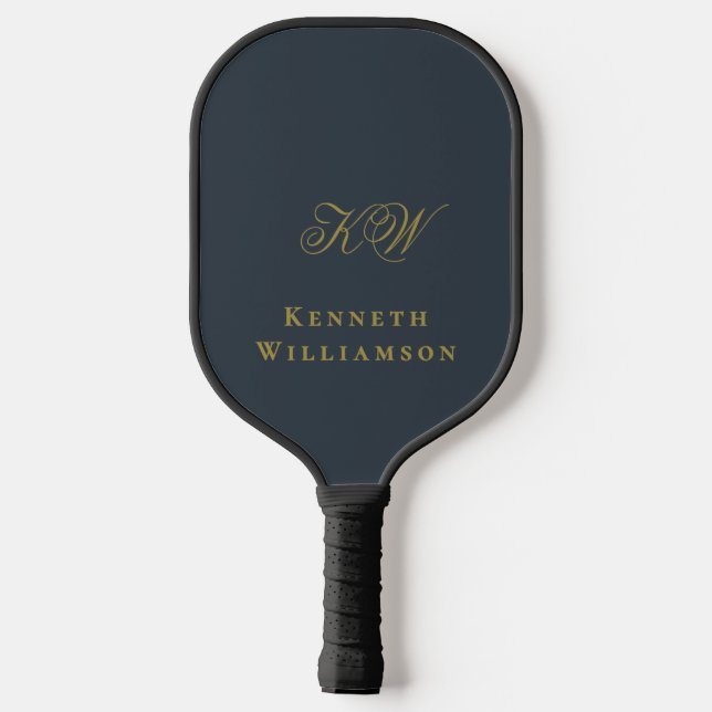 Raquette De Pickleball Monogram Navy Blue Gold Name Minimalist Men  (Verso)