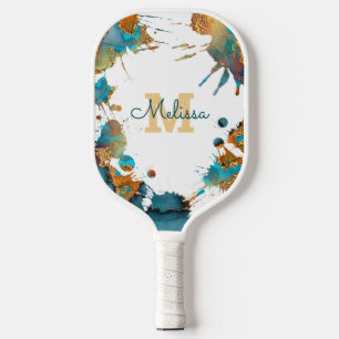 Raquette De Pickleball Monogram Watercolor Turquoise Gold Orange Splatter