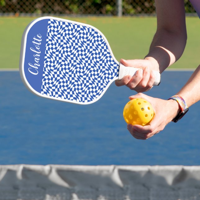 Raquette De Pickleball monogramme à carreaux bleus sur le thème des année (Insitu)