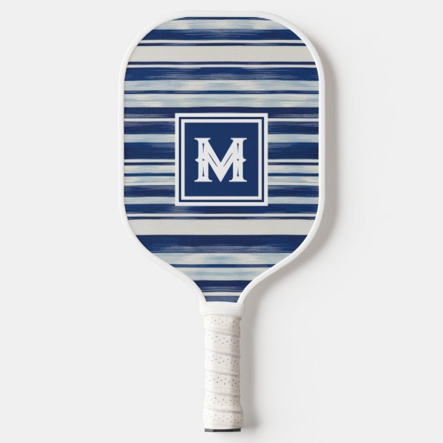 Raquette De Pickleball Monogramme à rayures bleues et blanches (Recto)