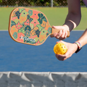 Raquette De Pickleball Monogramme Ajouter un nom Retro Funky Flower color