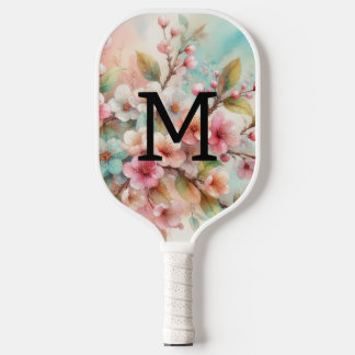Raquette De Pickleball Monogramme aquarelle florale roses cerisiers en fl