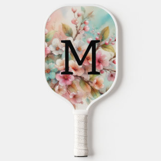 Raquette De Pickleball Monogramme aquarelle florale roses cerisiers en fl