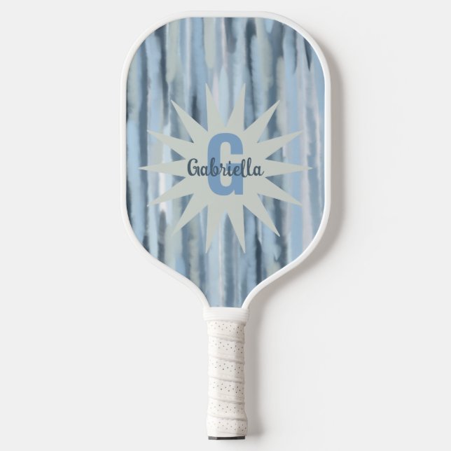 Raquette De Pickleball Monogramme aquarelle rayures bleu marine gris moti (Recto)