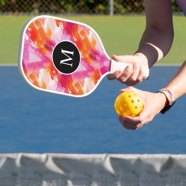Raquette De Pickleball Monogramme Aquarelle Rose Orange Abstrait (Insitu)