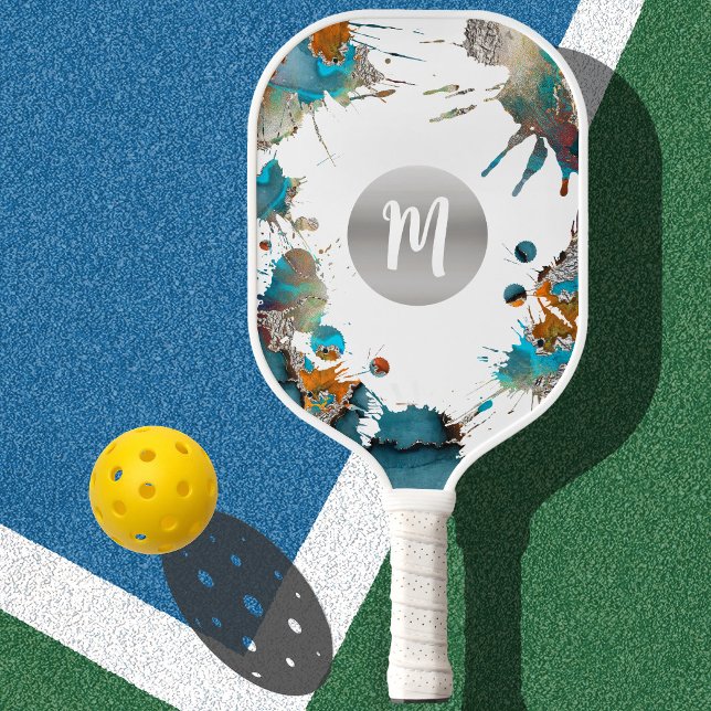 Raquette De Pickleball Monogramme Argent Turquoise Orange Abstrait Éclabo (Créateur téléchargé)
