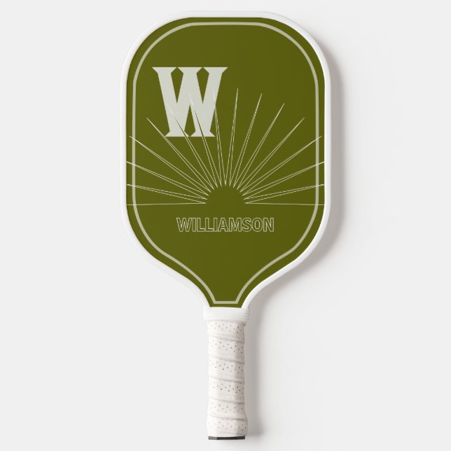 Raquette De Pickleball Monogramme avec Sunburst & nom Light Olive (Recto)