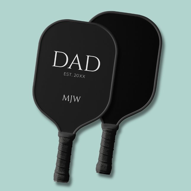 Raquette De Pickleball Monogramme Black Papa Typographie (Dad Established Year pickleball paddle with personalized initials monogram.  )
