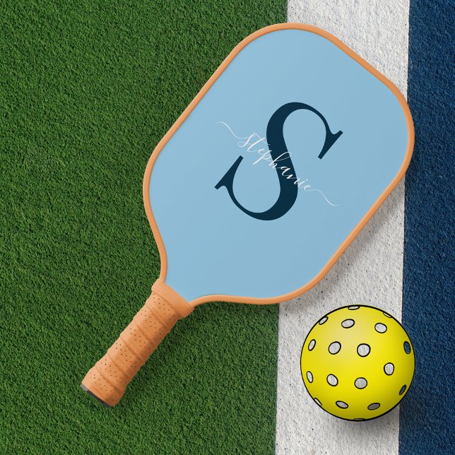 Raquette De Pickleball Monogramme bleu élégant moderne Initiale + Nom (Créateur téléchargé)