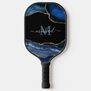 Raquette De Pickleball Monogramme Bleu, Noir & Or Agate