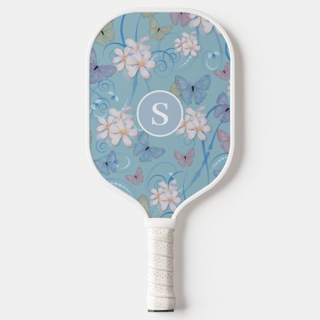 Raquette De Pickleball Monogramme Bleu papillon floral (Recto)