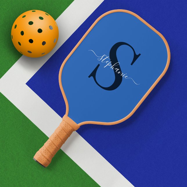 Raquette De Pickleball Monogramme bleu simple initial + nom (Créateur téléchargé)