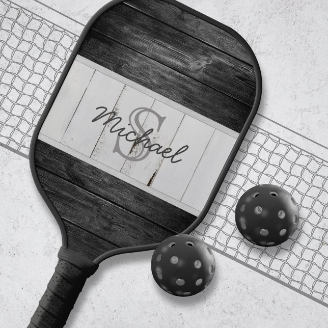 Raquette De Pickleball Monogramme Bois Rustique Noir Blanc (Créateur téléchargé)