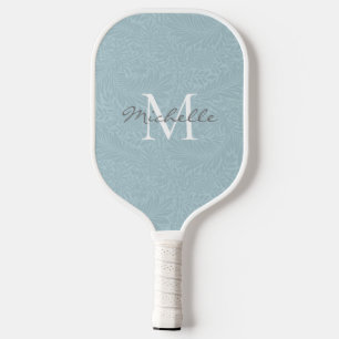 Raquette De Pickleball Monogramme botanique floral bleu clair élégant