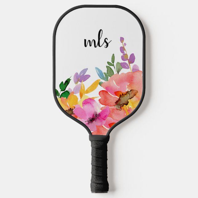Raquette De Pickleball Monogramme Chic rose tendance Aquarelle Florale (Recto)