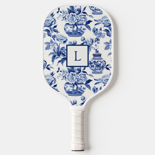 Raquette De Pickleball Monogramme Chinoiserie Bleu (Recto)