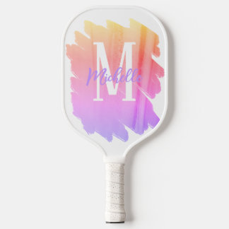 Raquette De Pickleball Monogramme d'aquarelle pourpre arc-en-ciel