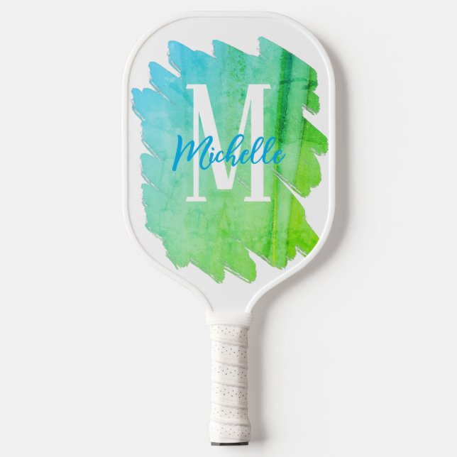Raquette De Pickleball Monogramme d'aquarelle vert et bleu (Recto)
