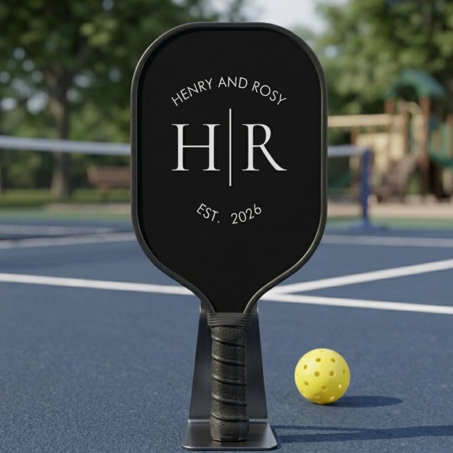 Raquette De Pickleball Monogramme de couples surveillé noir (Créateur téléchargé)