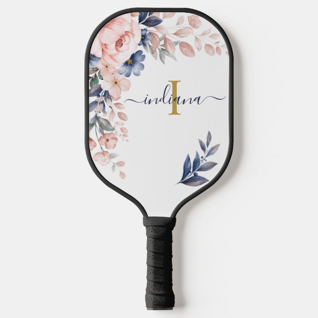 Raquette De Pickleball Monogramme de nom de script floral rose féminin (Recto)