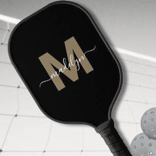 Raquette De Pickleball Monogramme de nom de script moderne en or noir per