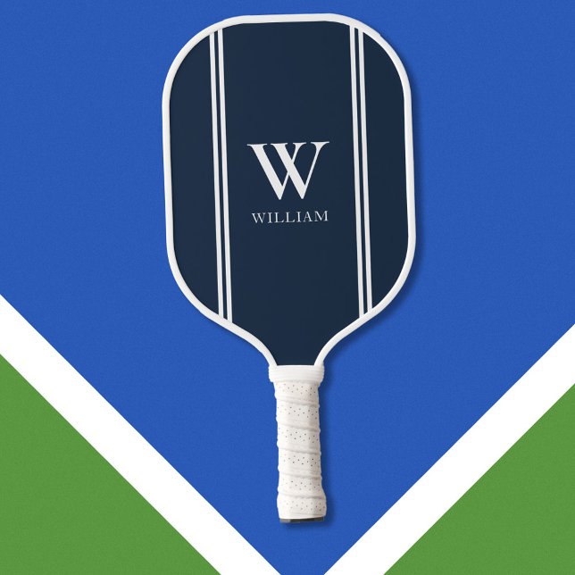 Raquette De Pickleball Monogramme de nom initial bleu et blanc moderne (Créateur téléchargé)