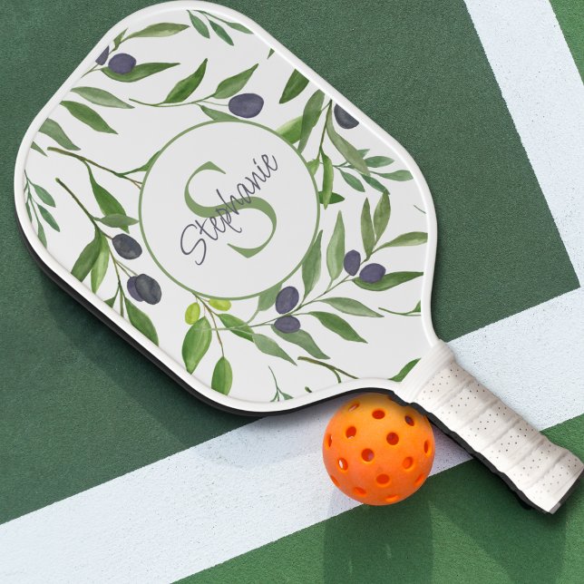 Raquette De Pickleball Monogramme de nom motif olive aquarelle (Créateur téléchargé)