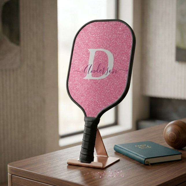 Raquette De Pickleball Monogramme de nom personnalisé avec strass rose mo (Créateur téléchargé)