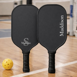 Raquette De Pickleball Monogramme de nom personnalisé gris charbon noir