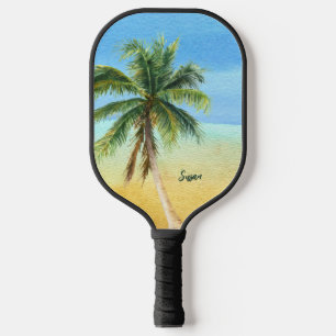 Raquette De Pickleball Monogramme de palmier tropical de la plage