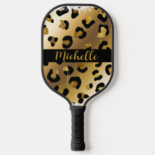 Raquette De Pickleball Monogramme de Poster de animal Léopard Noir et Or