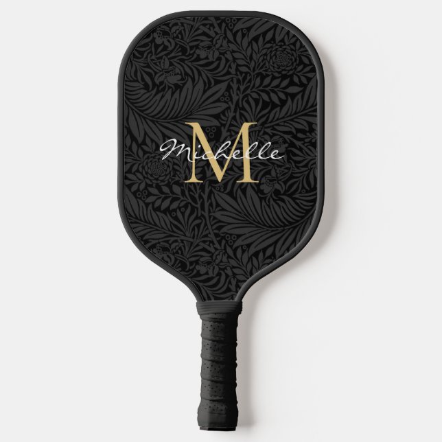 Raquette De Pickleball Monogramme de script floral noir élégant or (Verso)