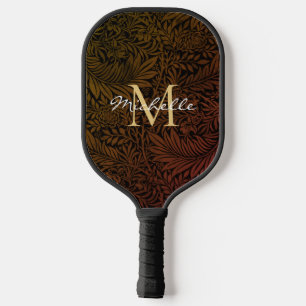Raquette De Pickleball Monogramme de script floral or orange rouille élég