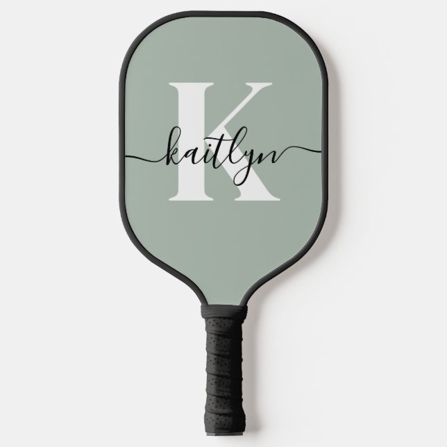 Raquette De Pickleball Monogramme de style moderne vert sauge (Recto)