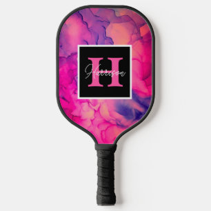Raquette De Pickleball Monogramme d'encre d'alcool rose chaud personnalis