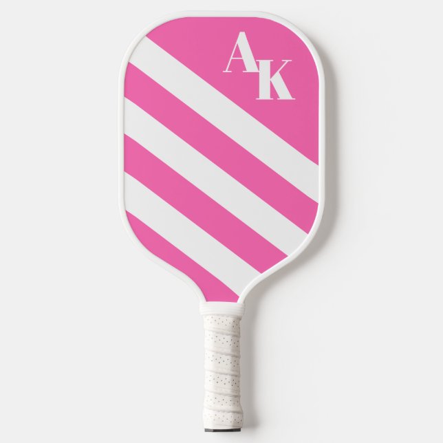 Raquette De Pickleball Monogramme diagonal à rayures roses chaudes (Recto)