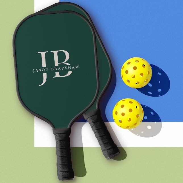 Raquette De Pickleball Monogramme élégant classique et nom vert foncé (Personalize with your name and initials.)
