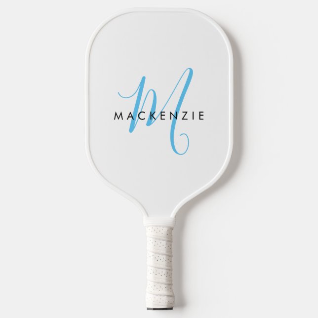 Raquette De Pickleball Monogramme élégant moderne blanc ciel bleu écritur (Recto)