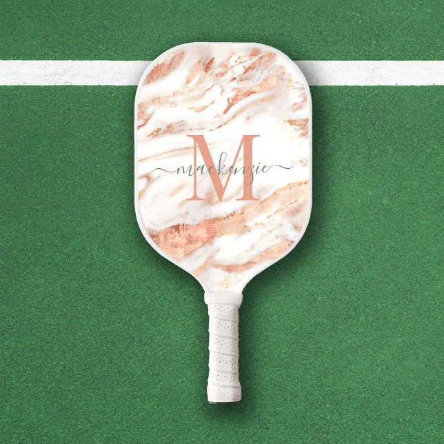 Raquette De Pickleball Monogramme en marbre or Rose de luxe (Luxury Rose Gold Foil Marble Monogram Pickleball Paddle)
