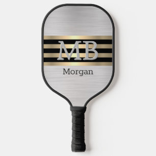 Raquette De Pickleball Monogramme et nom, bandes or/noir brossé argent