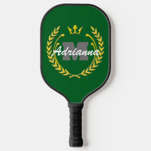 Raquette De Pickleball Monogramme et nom de la couronne de victoire Green